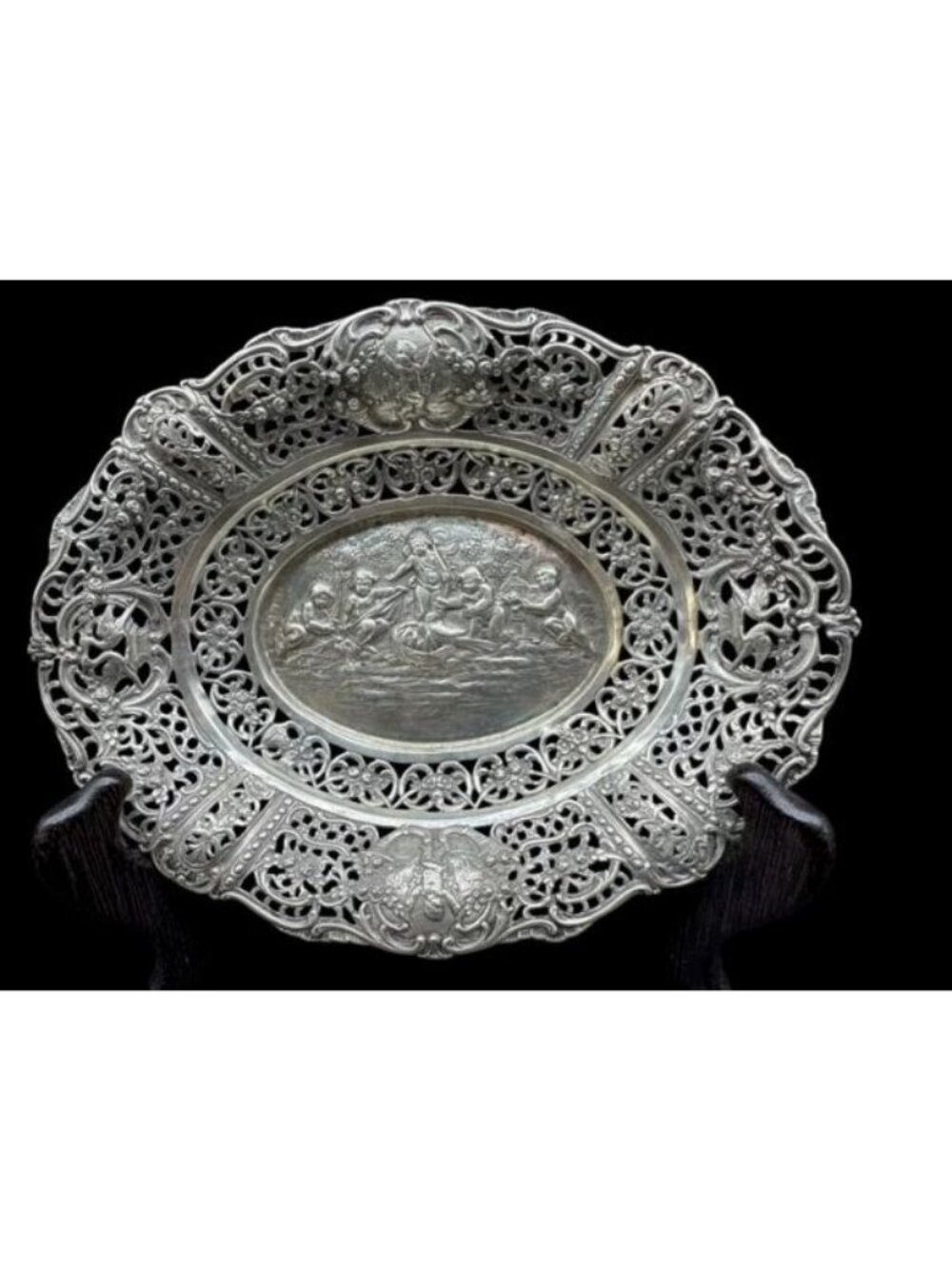 Antique German 800 Silver Cherub Scene Reticulated Bowl 7 1/2" Ornate Design 4.9